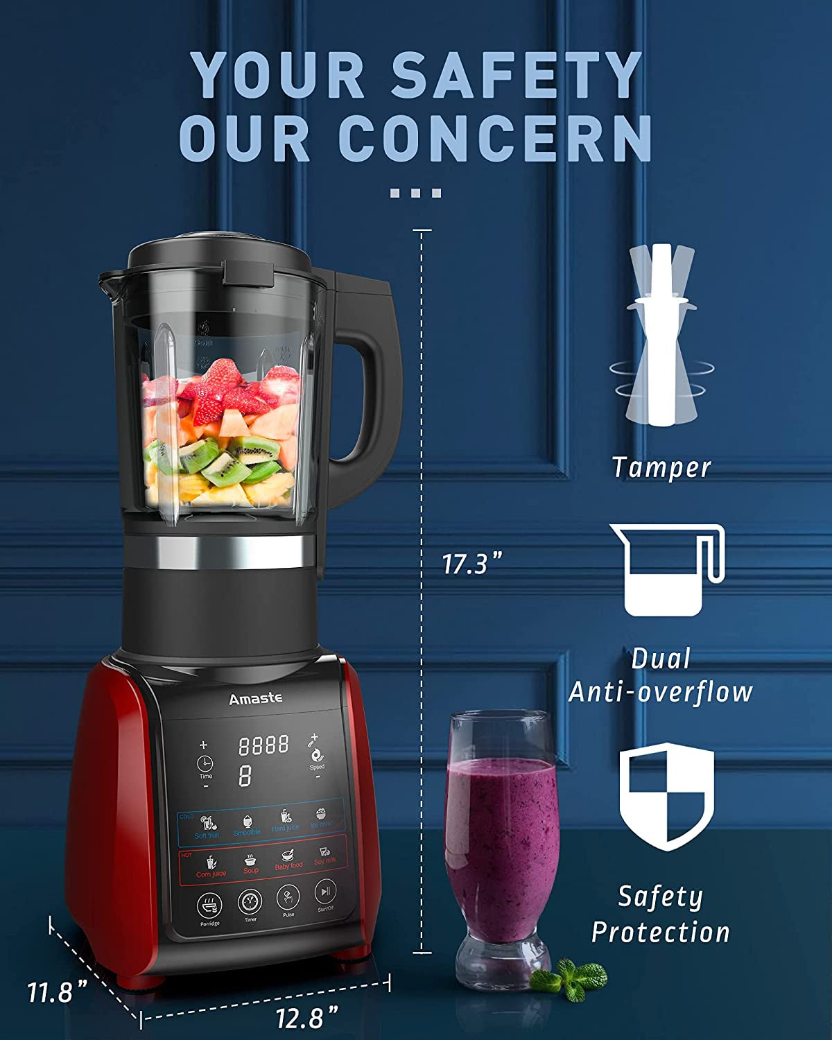 Blender, Blender for Kitchen, 1200W High Power Hot and Cold Blender with Timer, Glass Countertop Smoothie Blender 64 OZ for Crushing Ice, Frozen Dessert, Soup, Fish